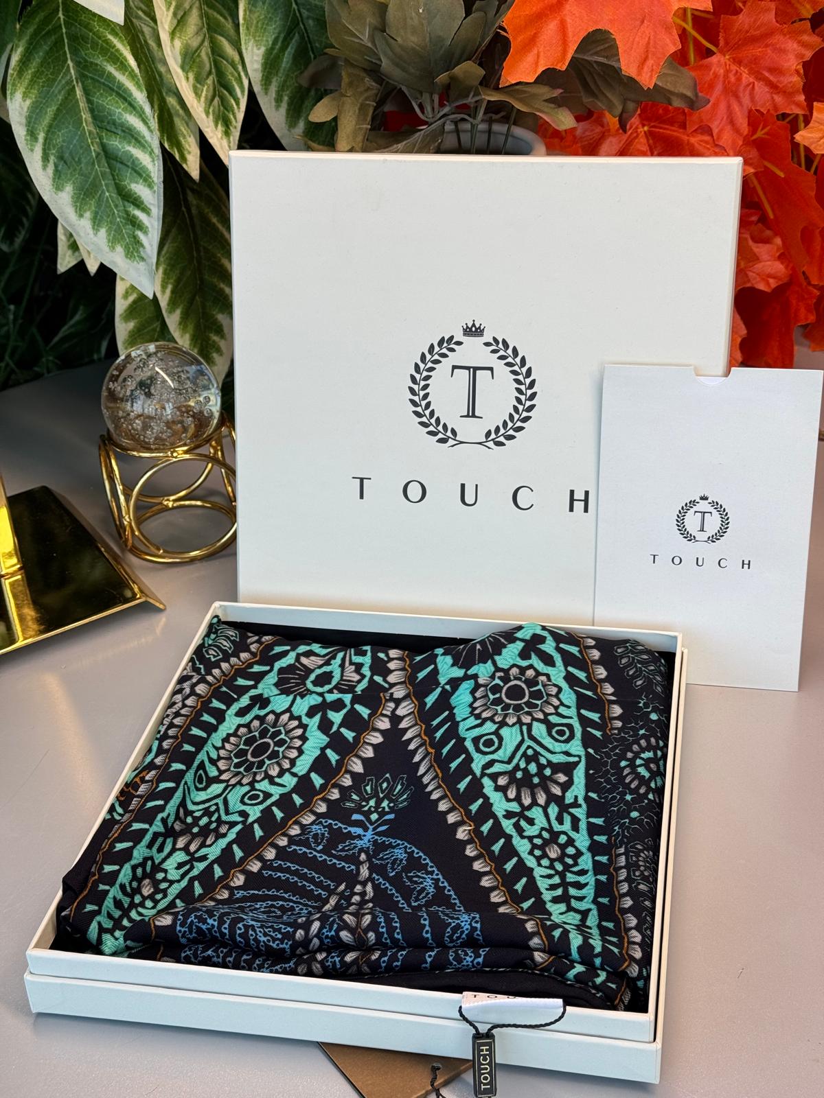 Touch İthal Etnik Desen Yün İpek Şal- Siyah-Turkuaz
