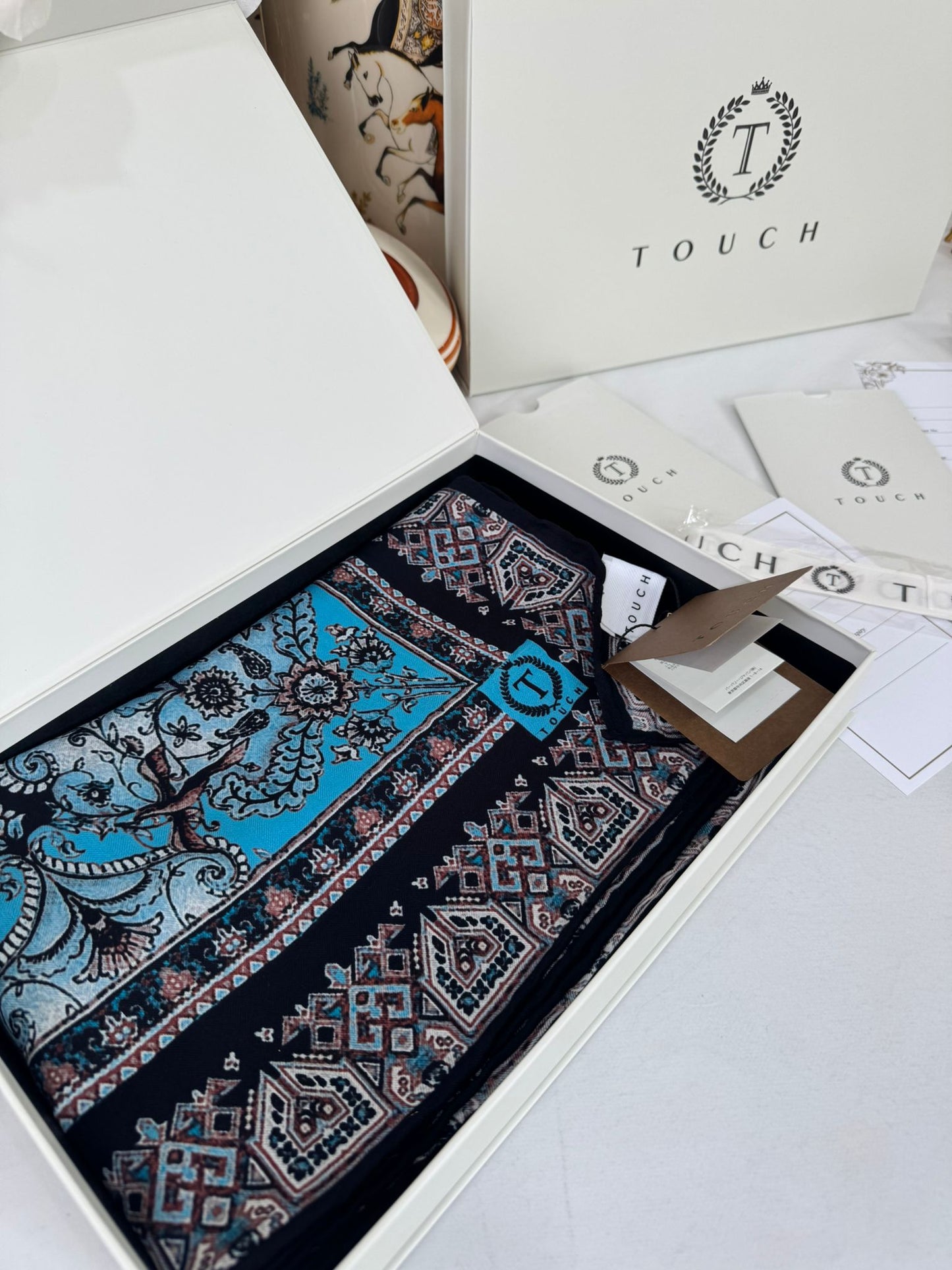 Touch İthal Etnik Desen Yün İpek Şal-34770 -Bebe Mavisi Lacivert