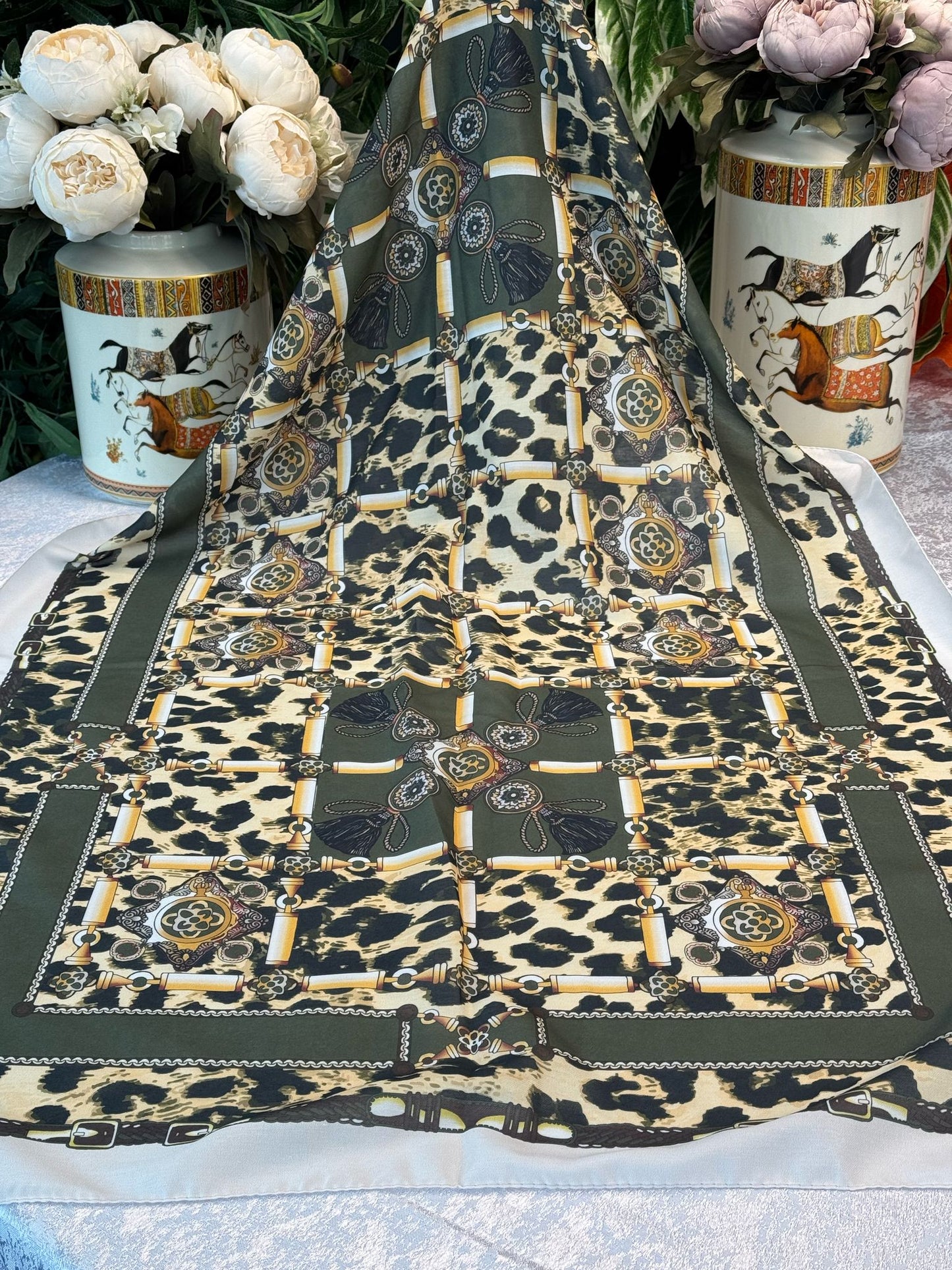 Hermes Leopar Pamuk Soft Şal 65329 - Haki