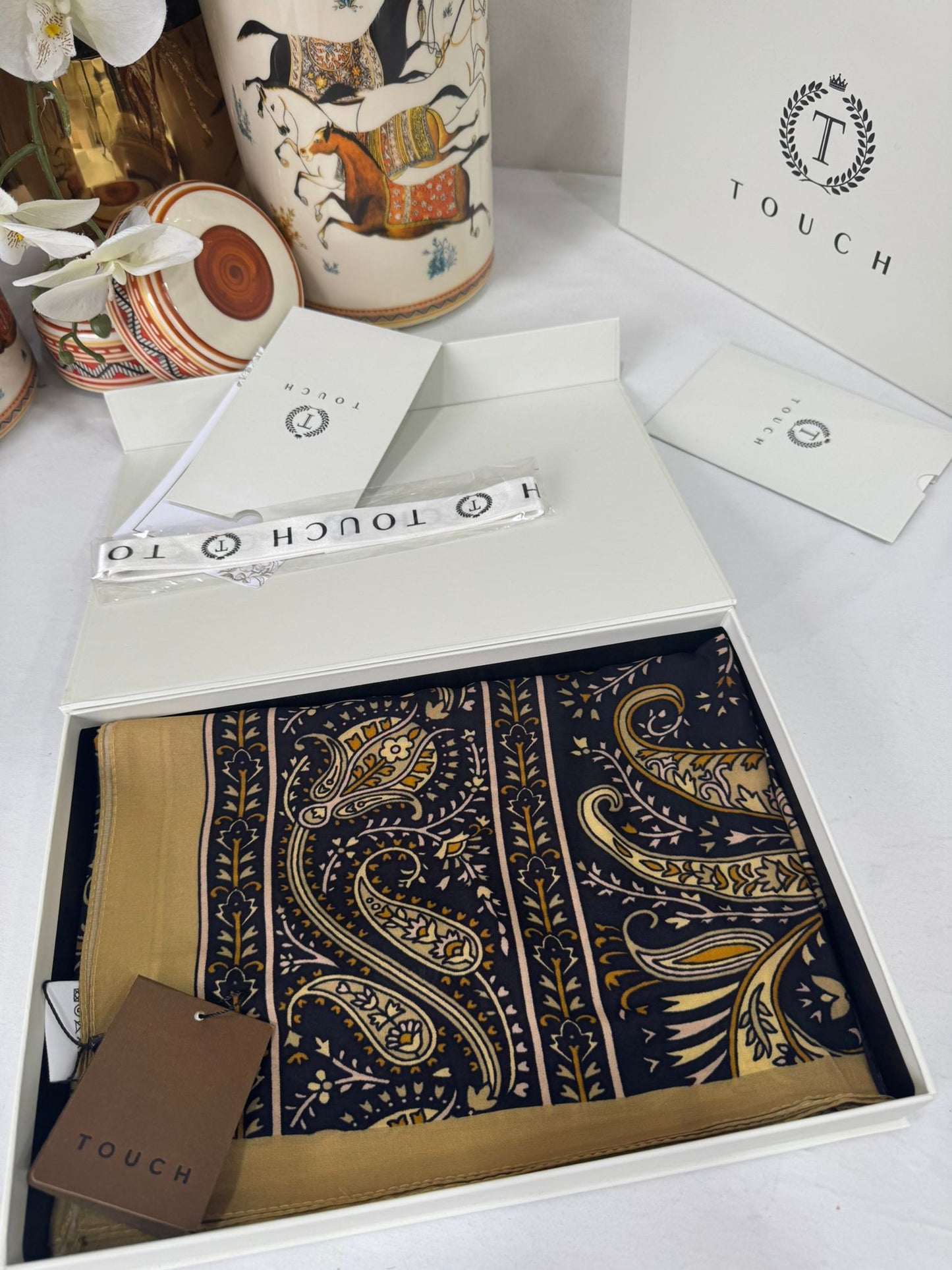 Touch İthal Etnik Desen Pamuk İpek Şal- 99770 - Camel