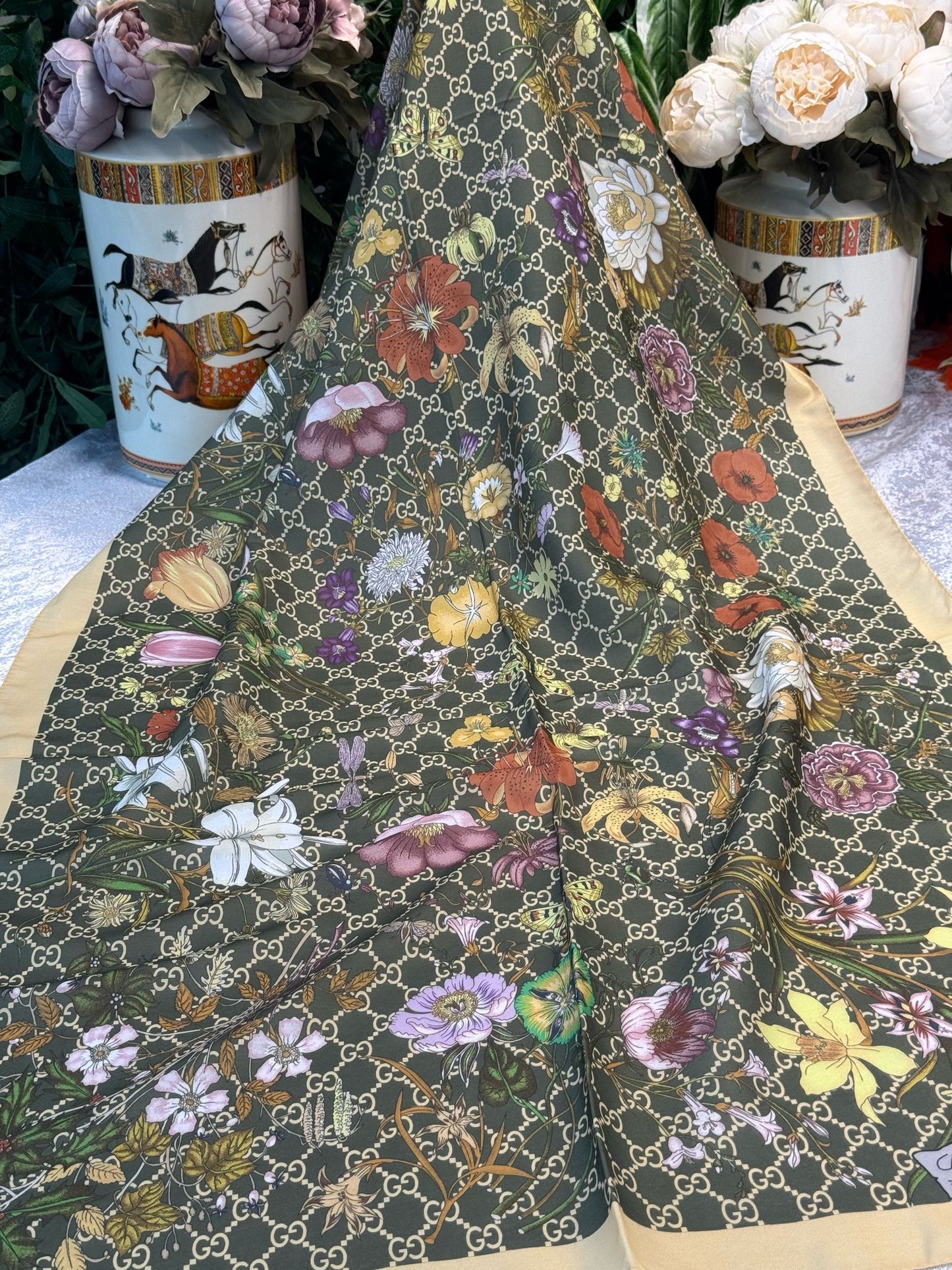 Gucci Çiçek Desen Pamuk Soft Şal 65355 - Haki