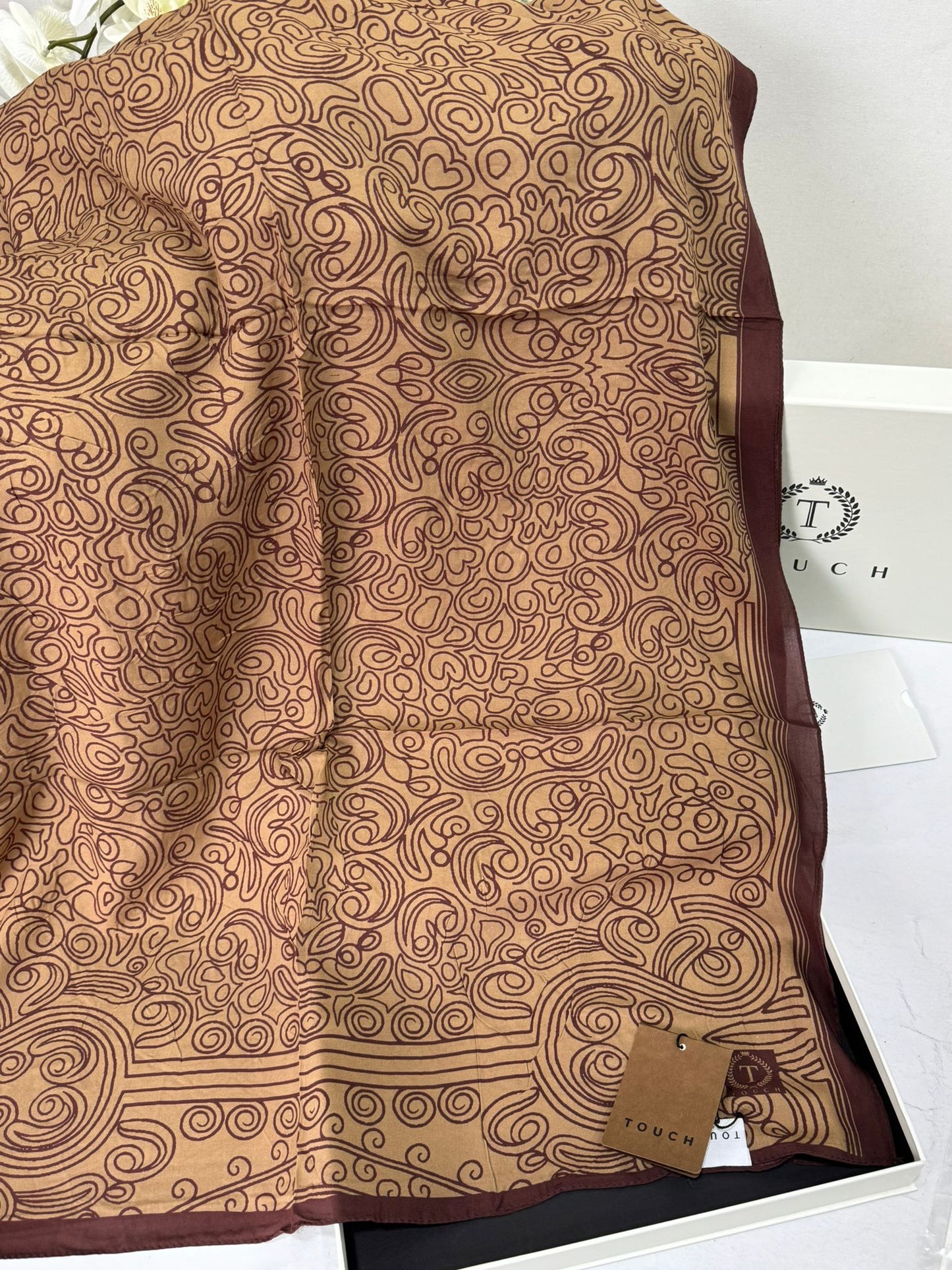 Touch İthal Etnik Desen Pamuk İpek Şal 63459- Kahve Latte