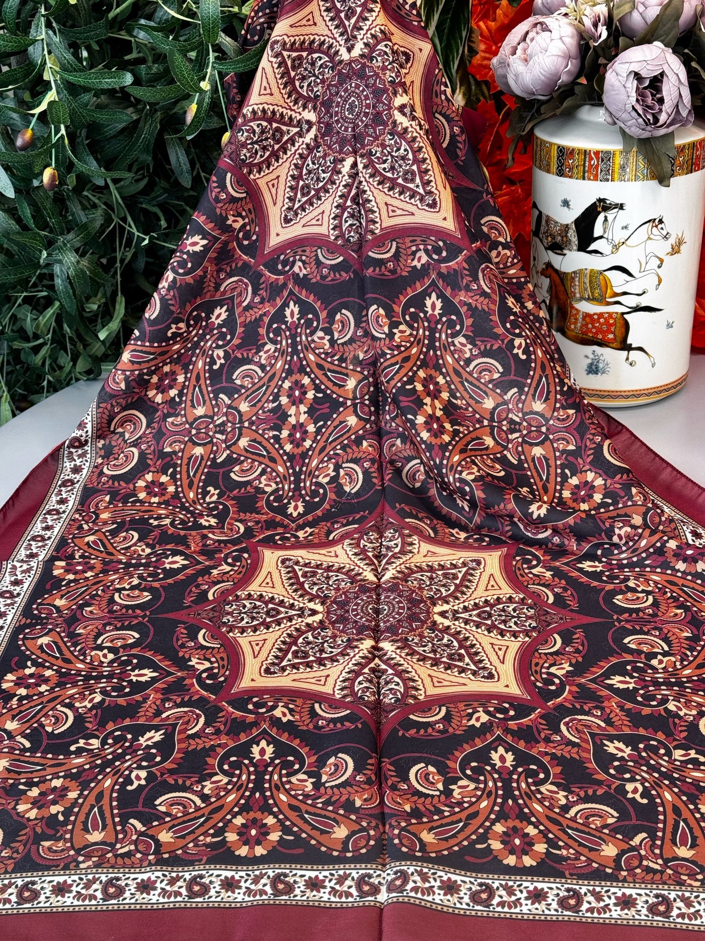 Etro Buta Desenli Pamuk Soft Şal - 377350 - Bordo Siyah