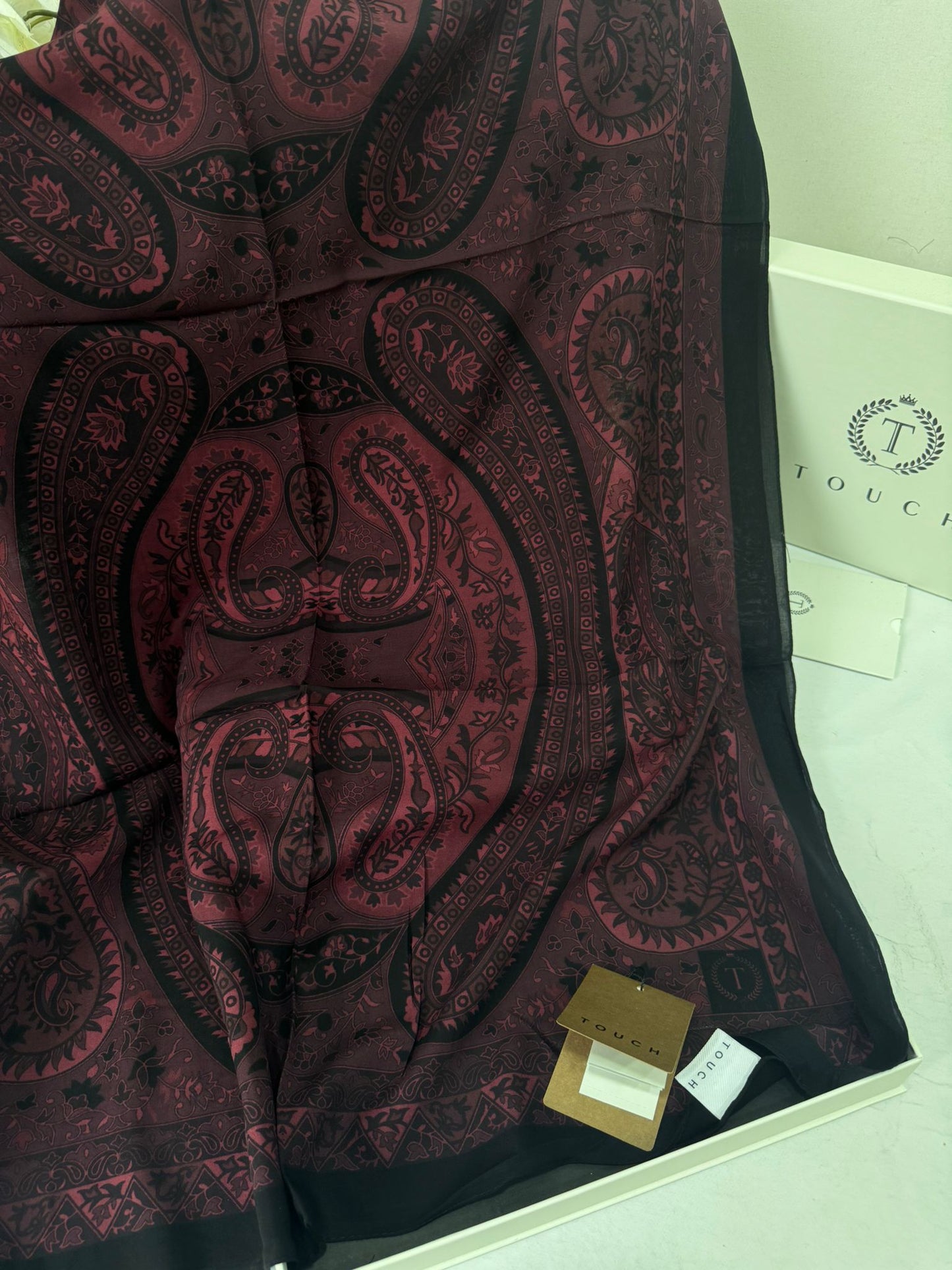Touch İthal Etnik Desen Pamuk İpek Şal- 35440 - Bordo Siyah