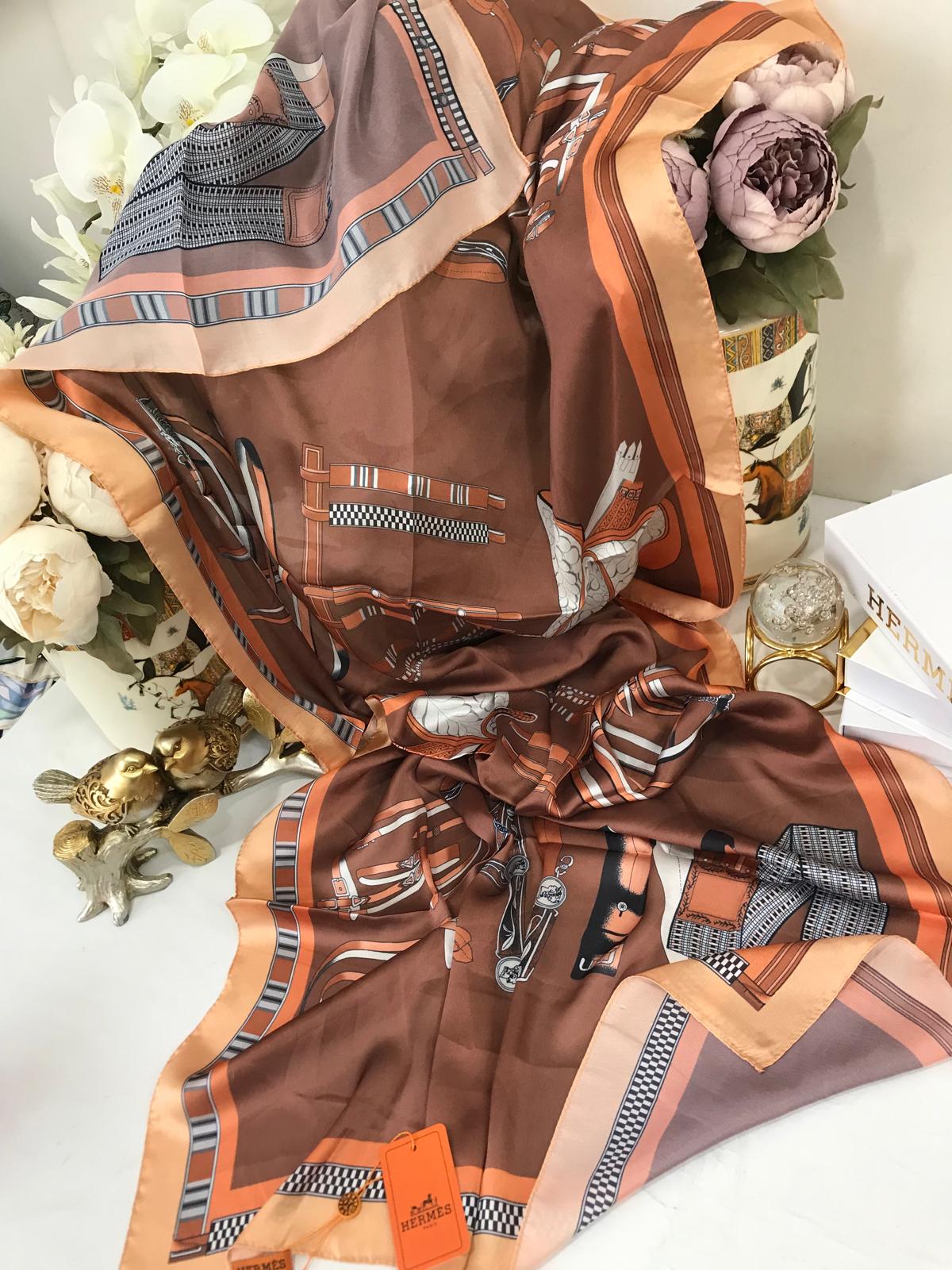 Hermes İthal Çifttaraflı Vual İpek şal-19050 Açık kahve