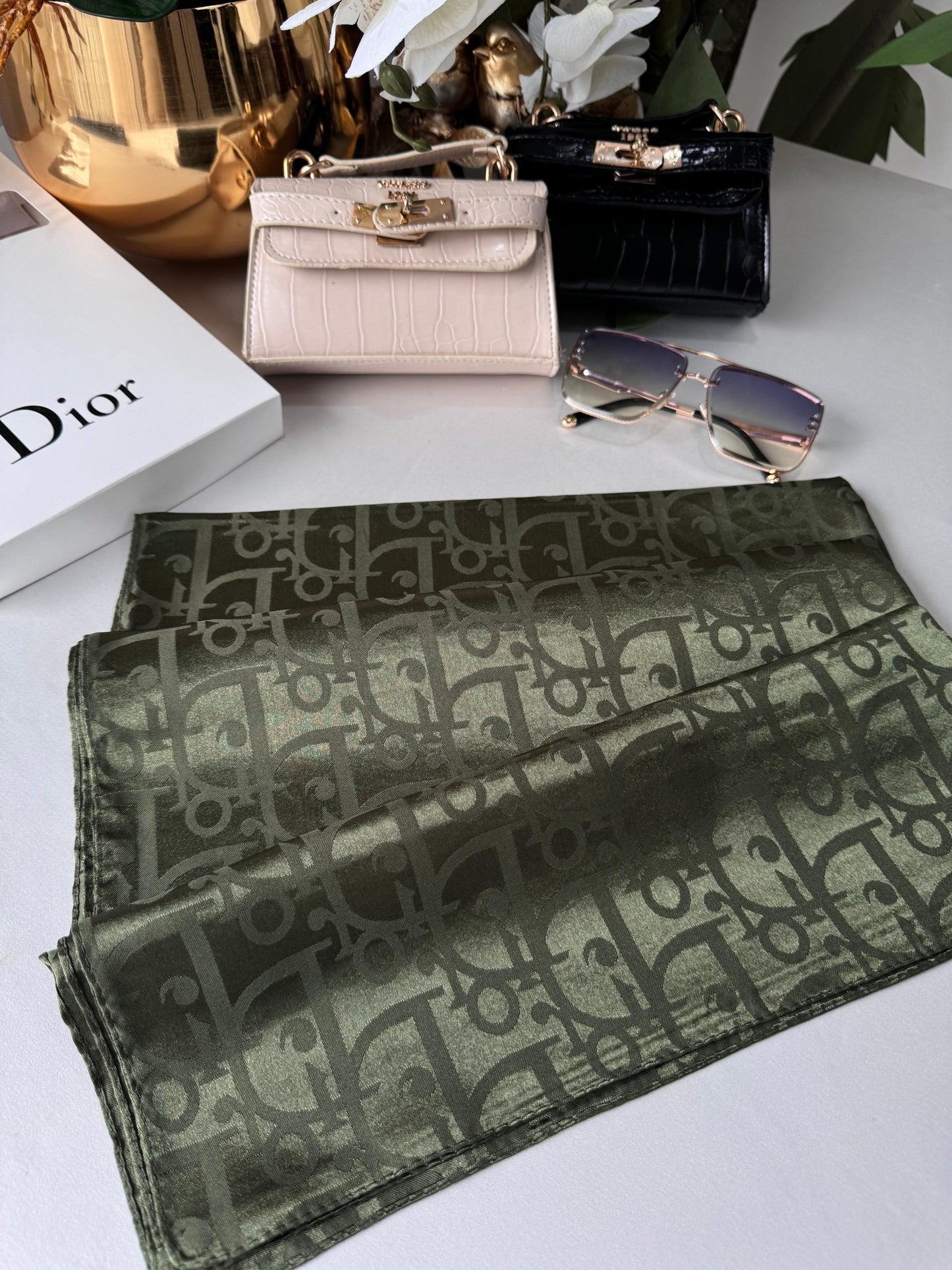 Dior Parlak İpeksi Jakar Şal 44121 - Haki