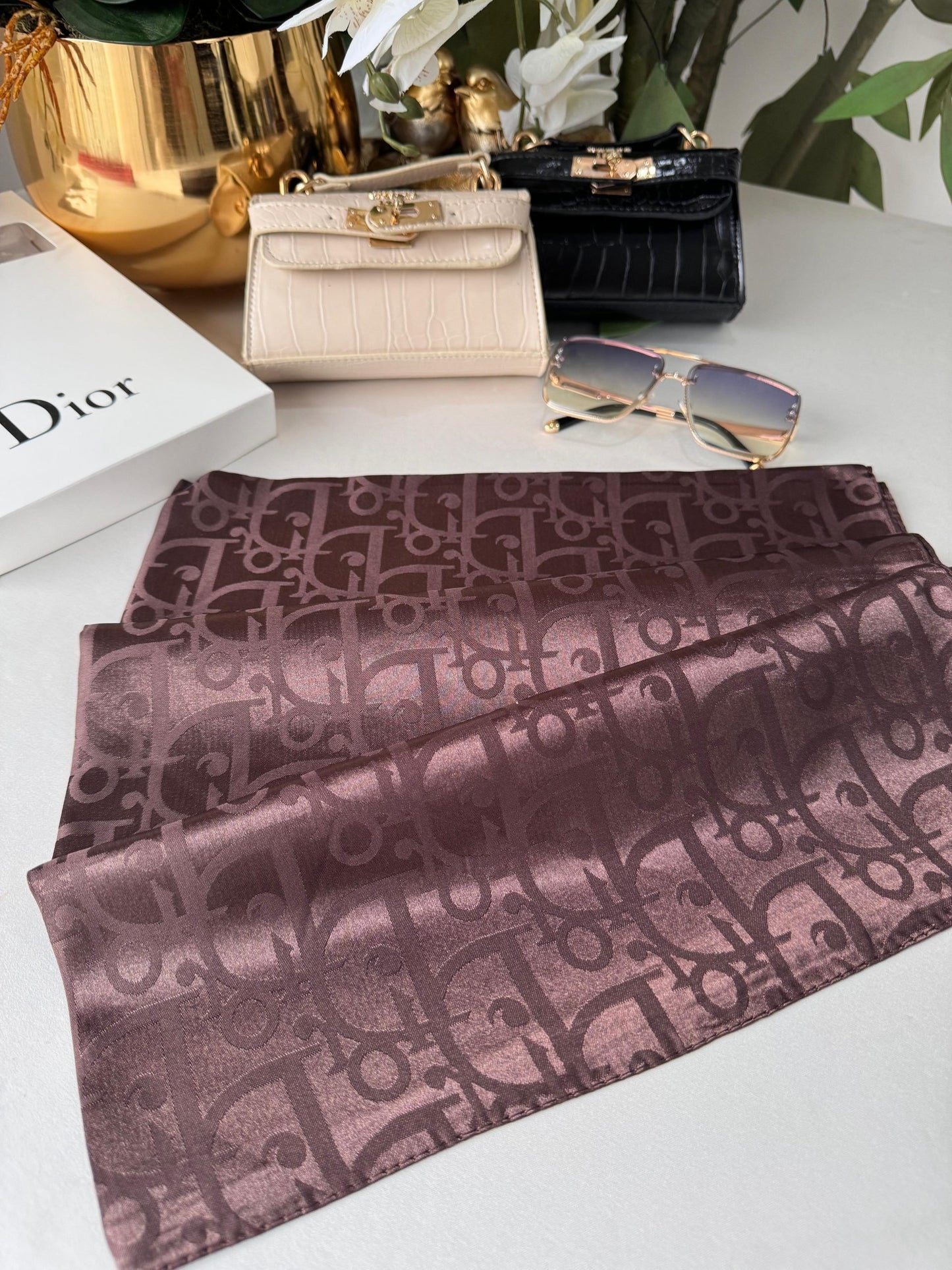 Dior Parlak İpeksi Jakar Şal 44121 - Kahve