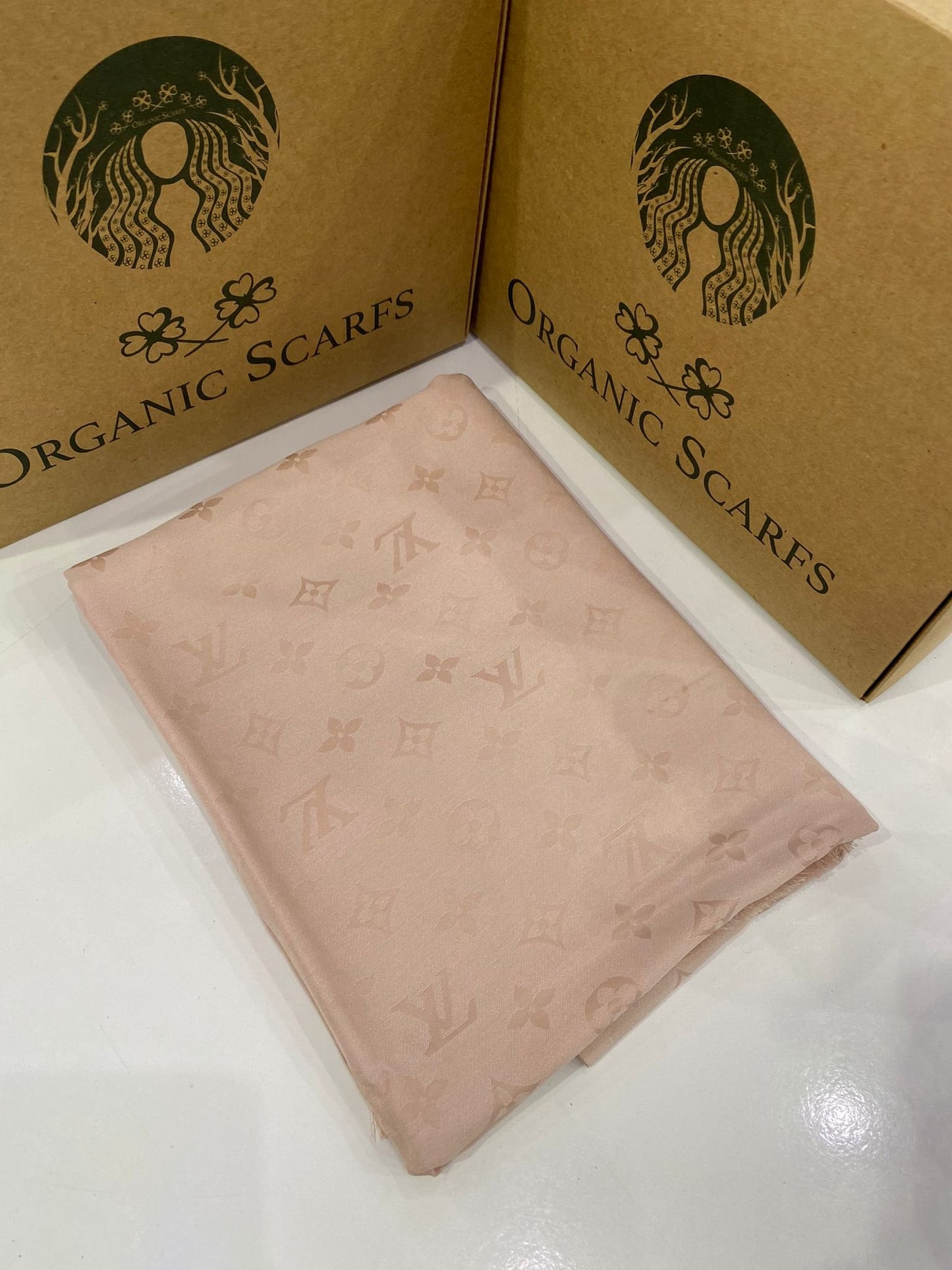 Lv Desenli İpek Kaşmir Çift Taraflı Şal - Pudra