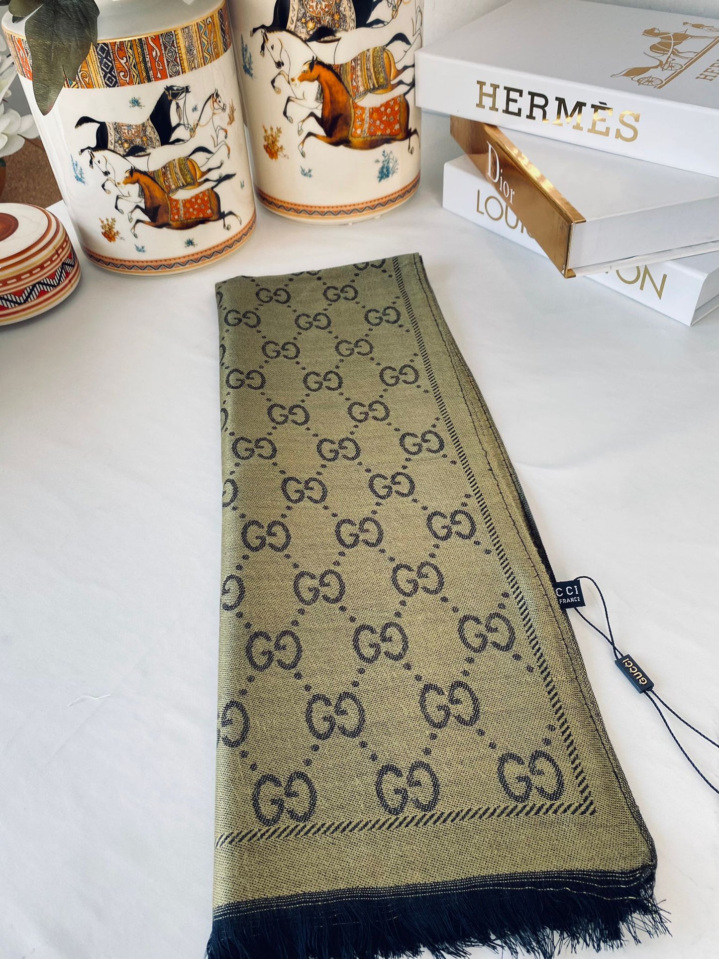 İthal Gucci Pamuk Yün İpek Şal 544330 - Haki