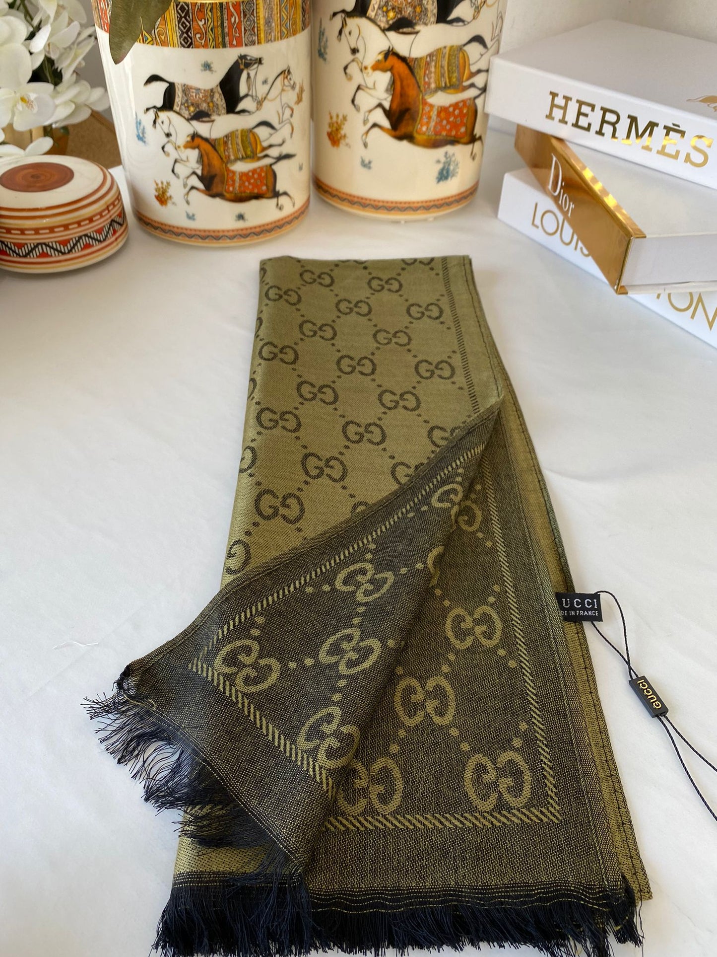 İthal Gucci Pamuk Yün İpek Şal 544330 - Haki