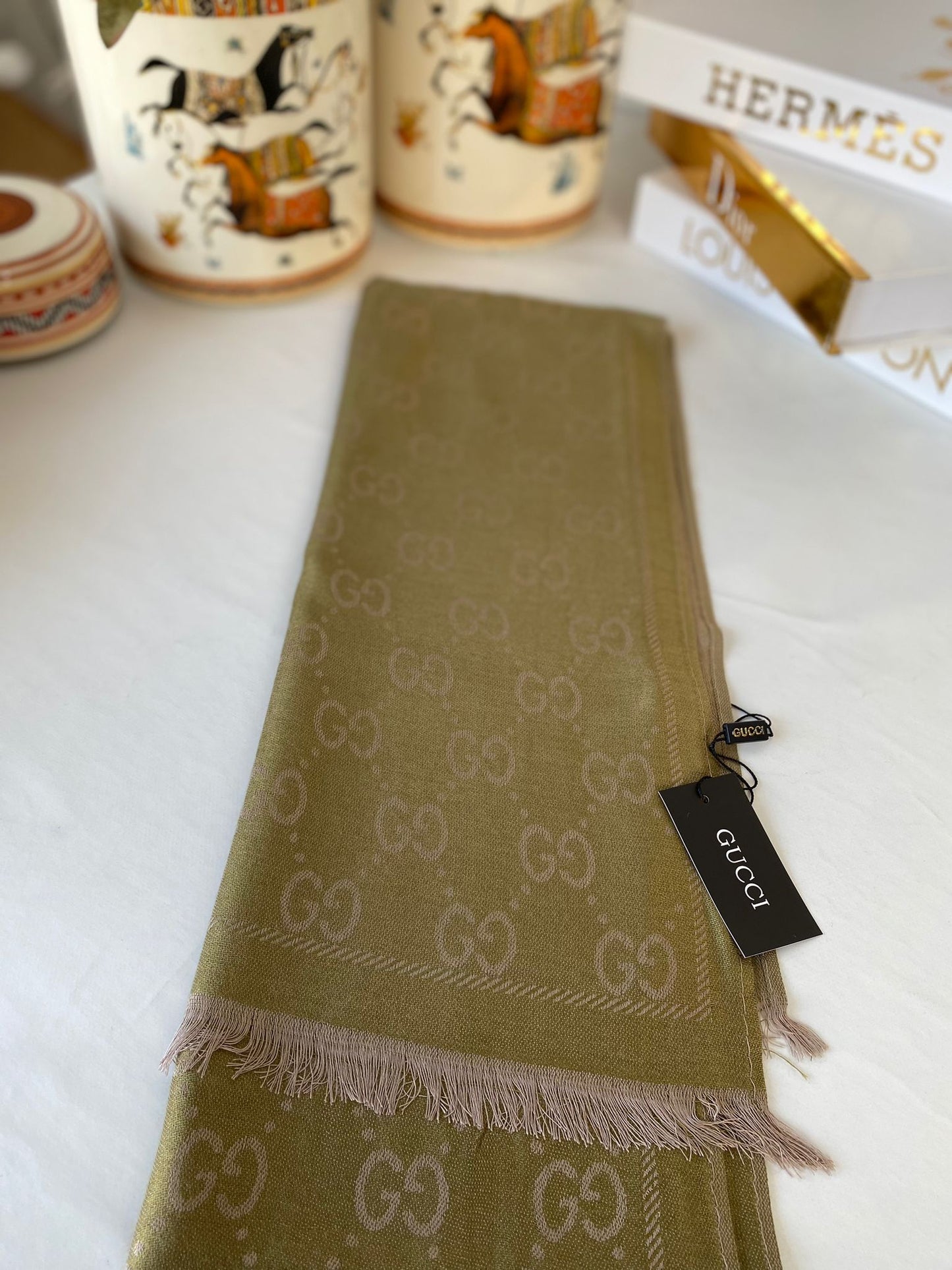 İthal Gucci Pamuk Yün Şal 544330 - Yağ Yeşili