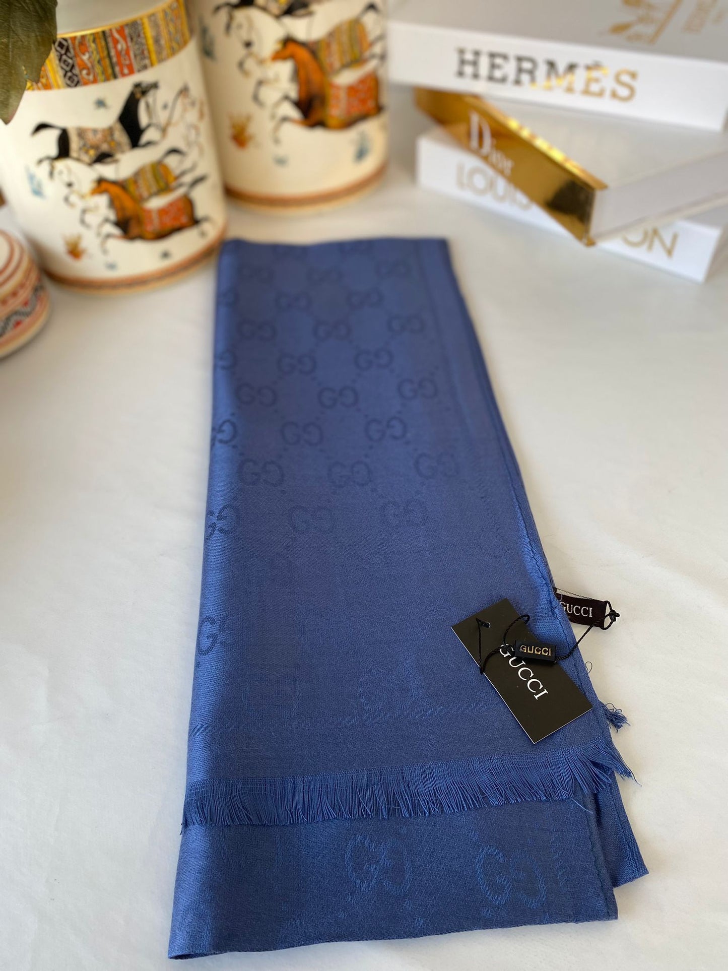 İthal Gucci Pamuk Yün İpek Şal 544330 - Gece Mavisi