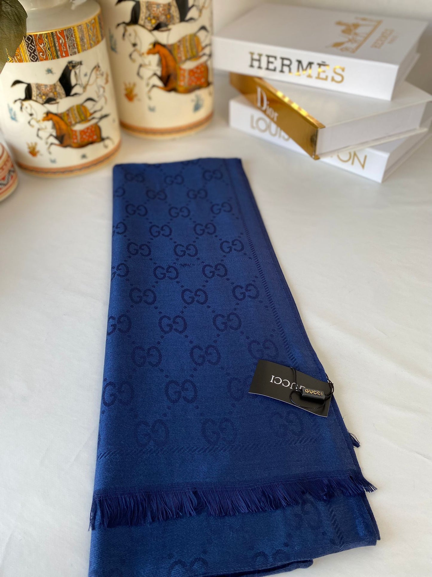 İthal Gucci Pamuk Yün İpek Şal 544330 - Lacivert