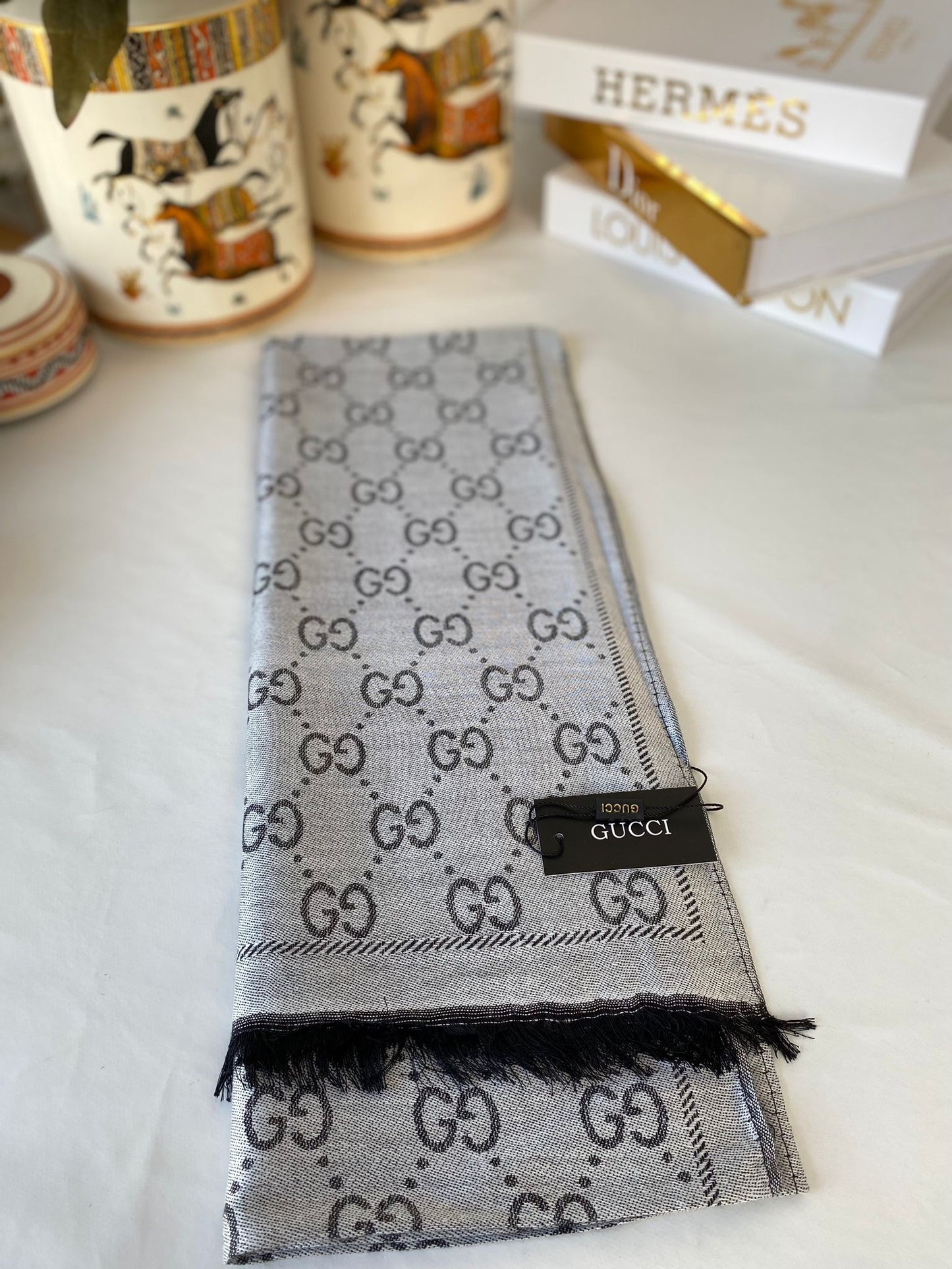 İthal Gucci Pamuk Yün İpek Şal 544330 - Gri