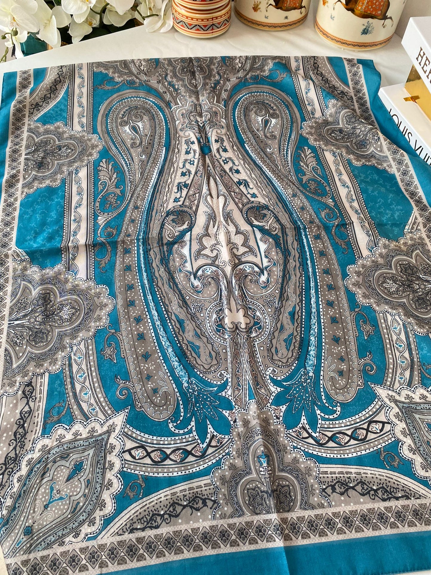 Etnik desen pamuk soft şal-321654 PETROL MAVİ/KAHVE