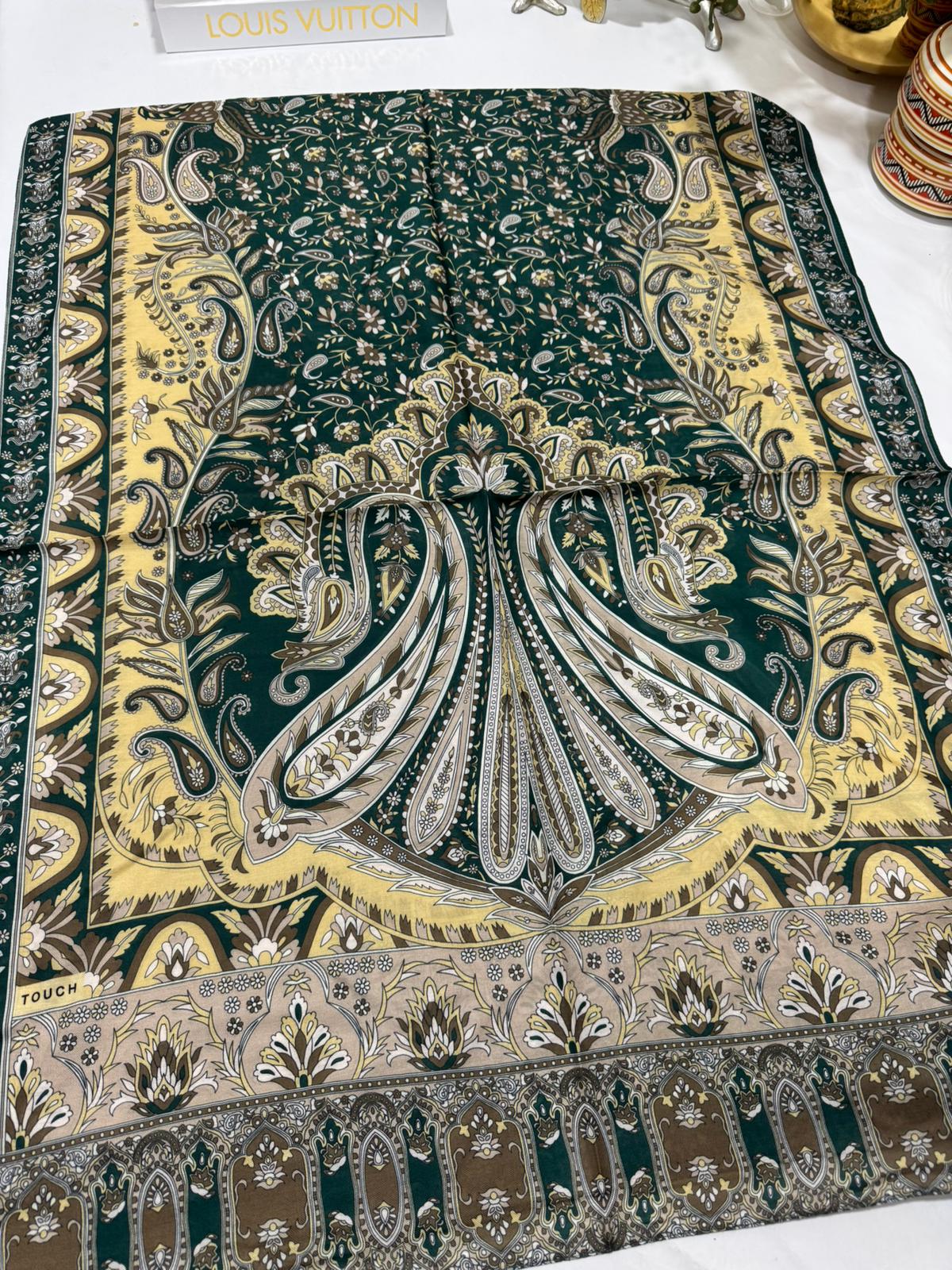 etnik hint deseni pamuk ipek şal -313131 açık sarı/koyu yeşil