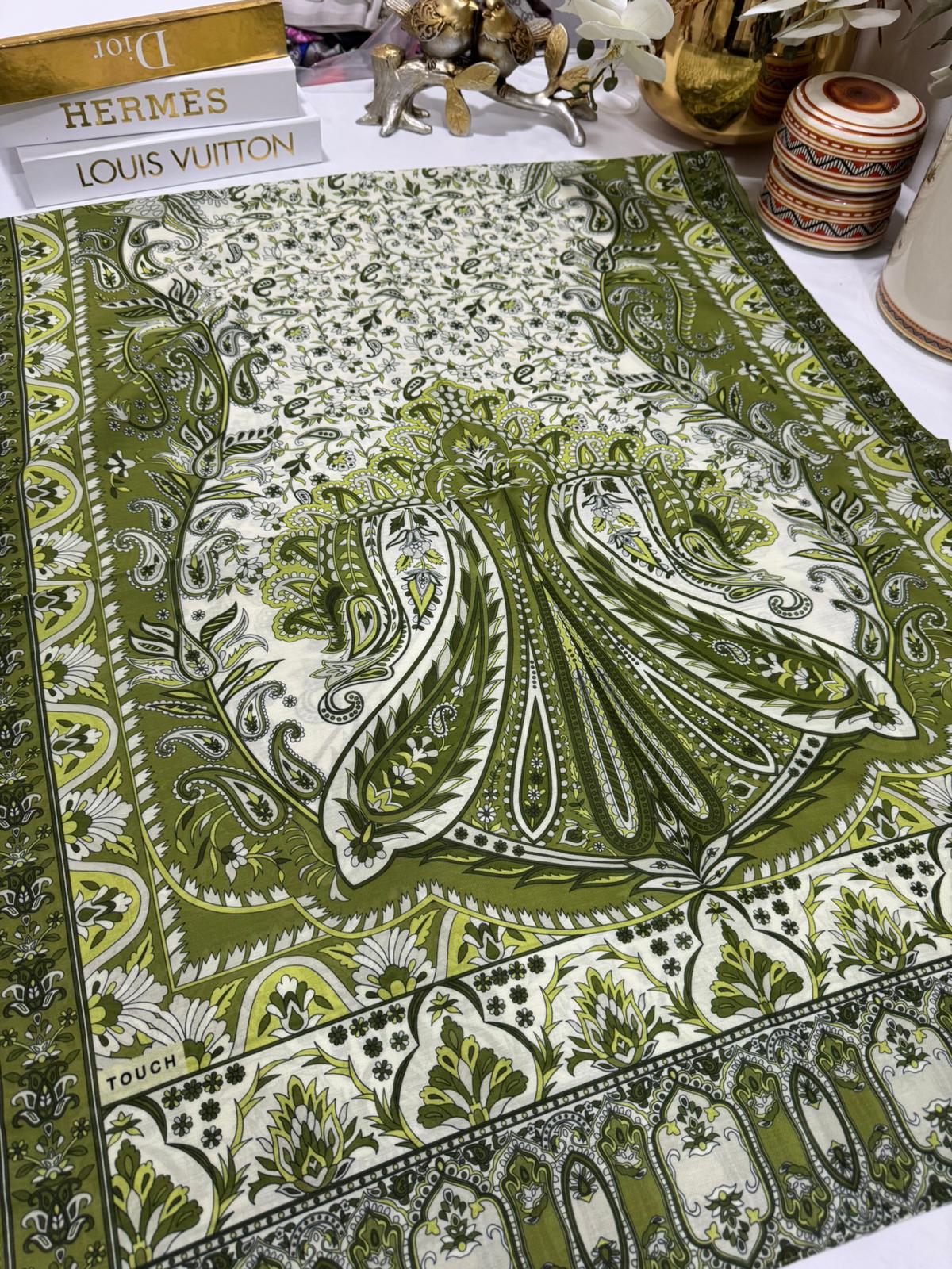 etnik hint deseni pamuk ipek şal -313131 fıstık yeşili/krem