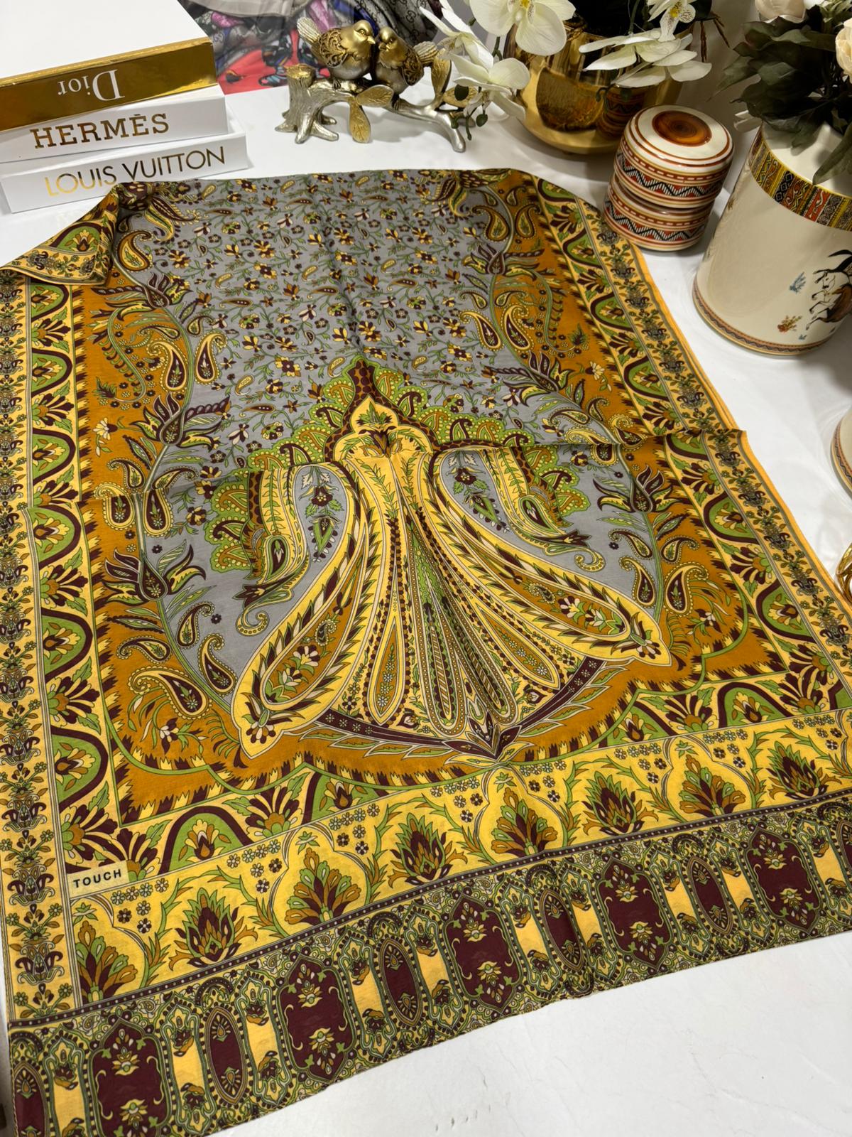 etnik hint deseni pamuk ipek şal -313131 sarı/gri