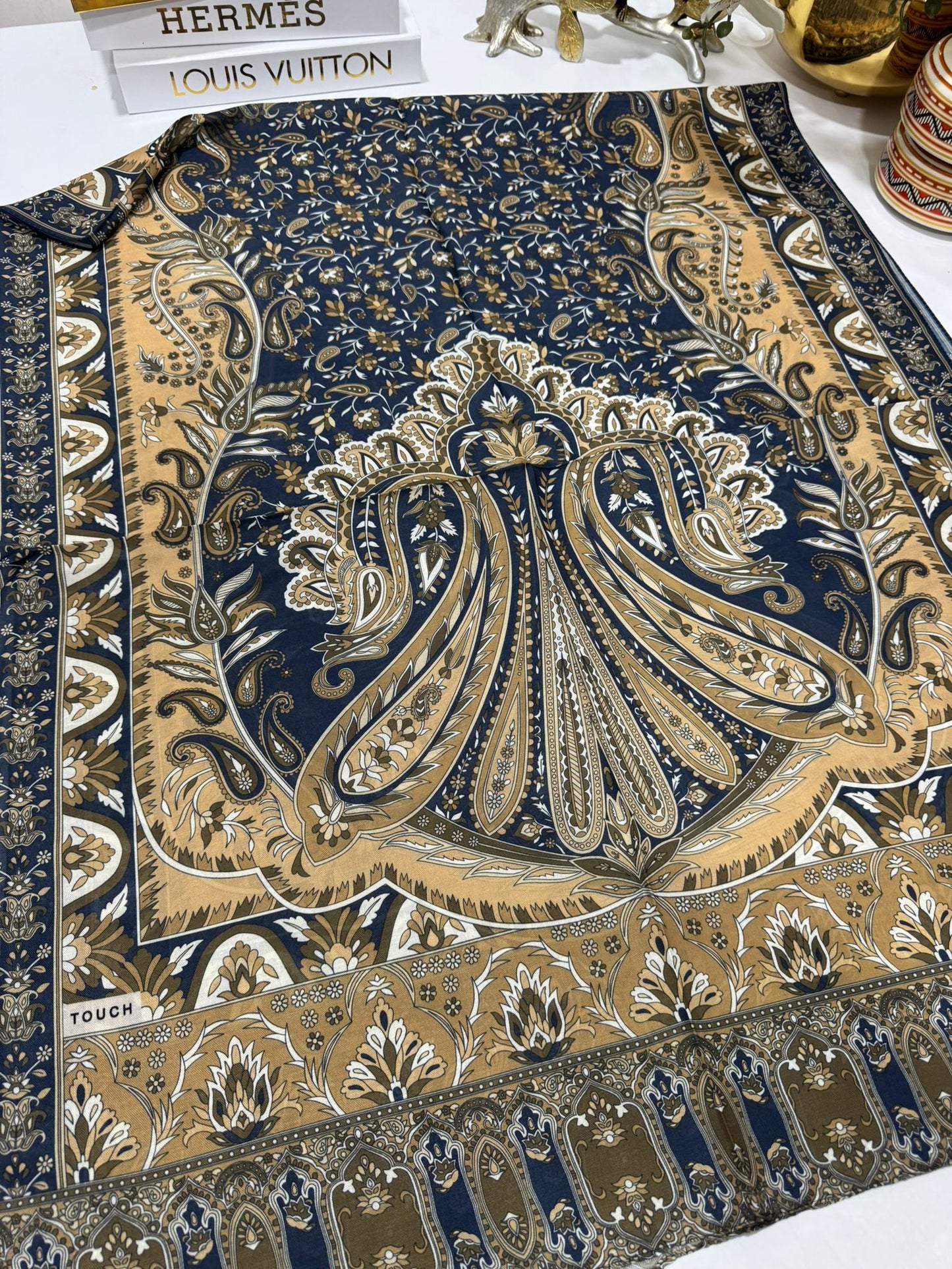 etnik hint deseni pamuk ipek şal -313131 açık karamel/lacivert