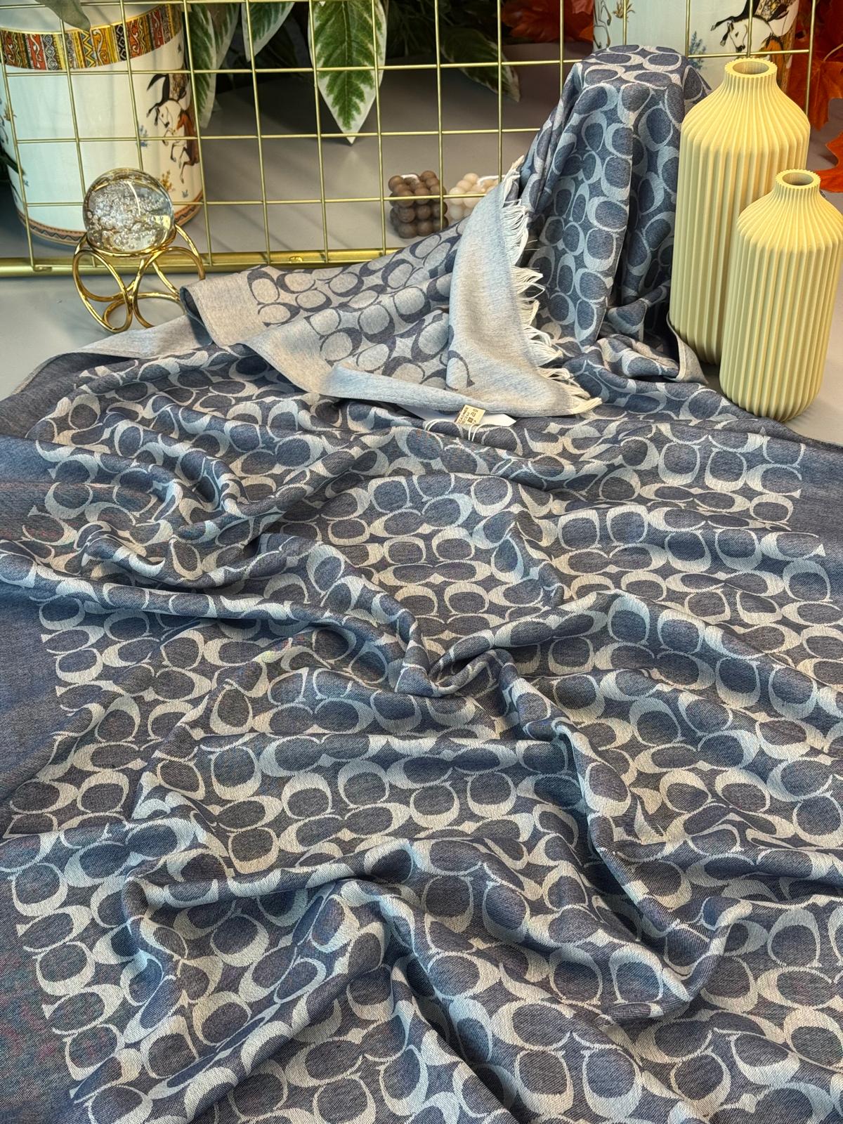 Coach İthal Pamuk Yün İpek Şal - Açık Mavi-Gri