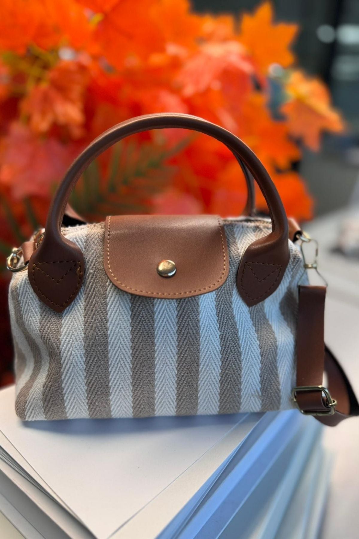 Bohem Çizgili Longchamp Hasır Çanta