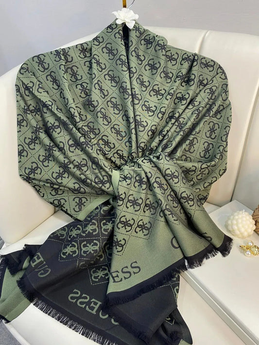 Guess Desenli İpek Kaşmir Çift Taraflı Şal - Haki-Siyah