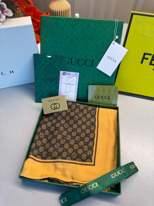 Gucci Tam Set Kutulu A Kalite Yün İpek Şal - Hardal Kahve