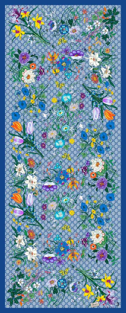 Gucci Çiçek Desen Pamuk Soft Şal 65355 - Bebe Mavisi