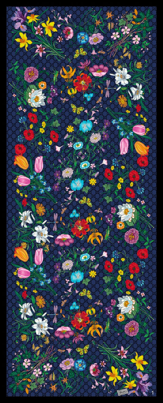Gucci Çiçek Desen Pamuk Soft Şal 65355 - Lacivert
