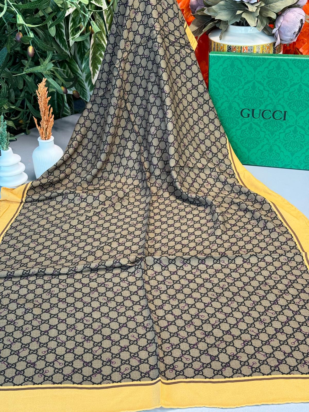 Gucci A Kalite İthal Yün İpek Şal - Hardal-Kahve
