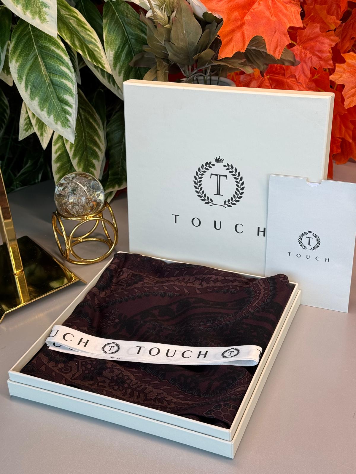 Touch İthal Etnik Desen Yün İpek Şal - Siyah-Koyu Gül Kurusu