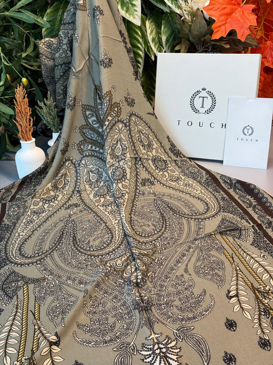 Touch İthal Etnik Desen Yün İpek Şal- Tarçın-Haki