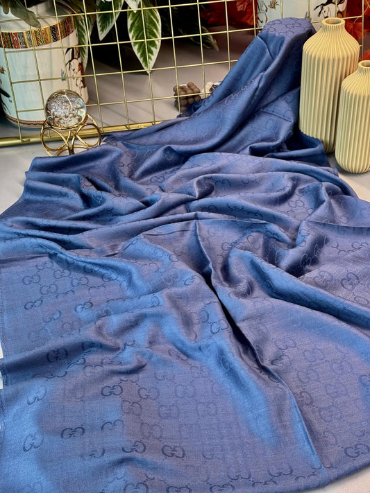 A Kalite İthal Gucci Yun İpek Şal -İndigo