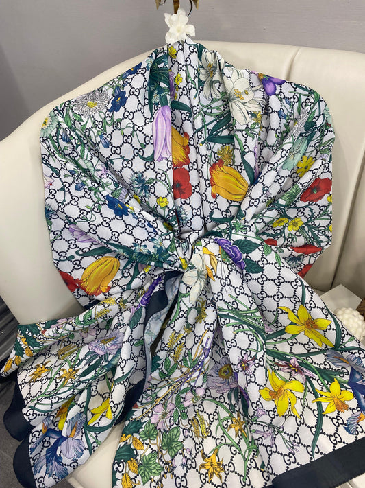 Gucci Çiçek Desen Pamuk Soft Şal 65355 - Beyaz
