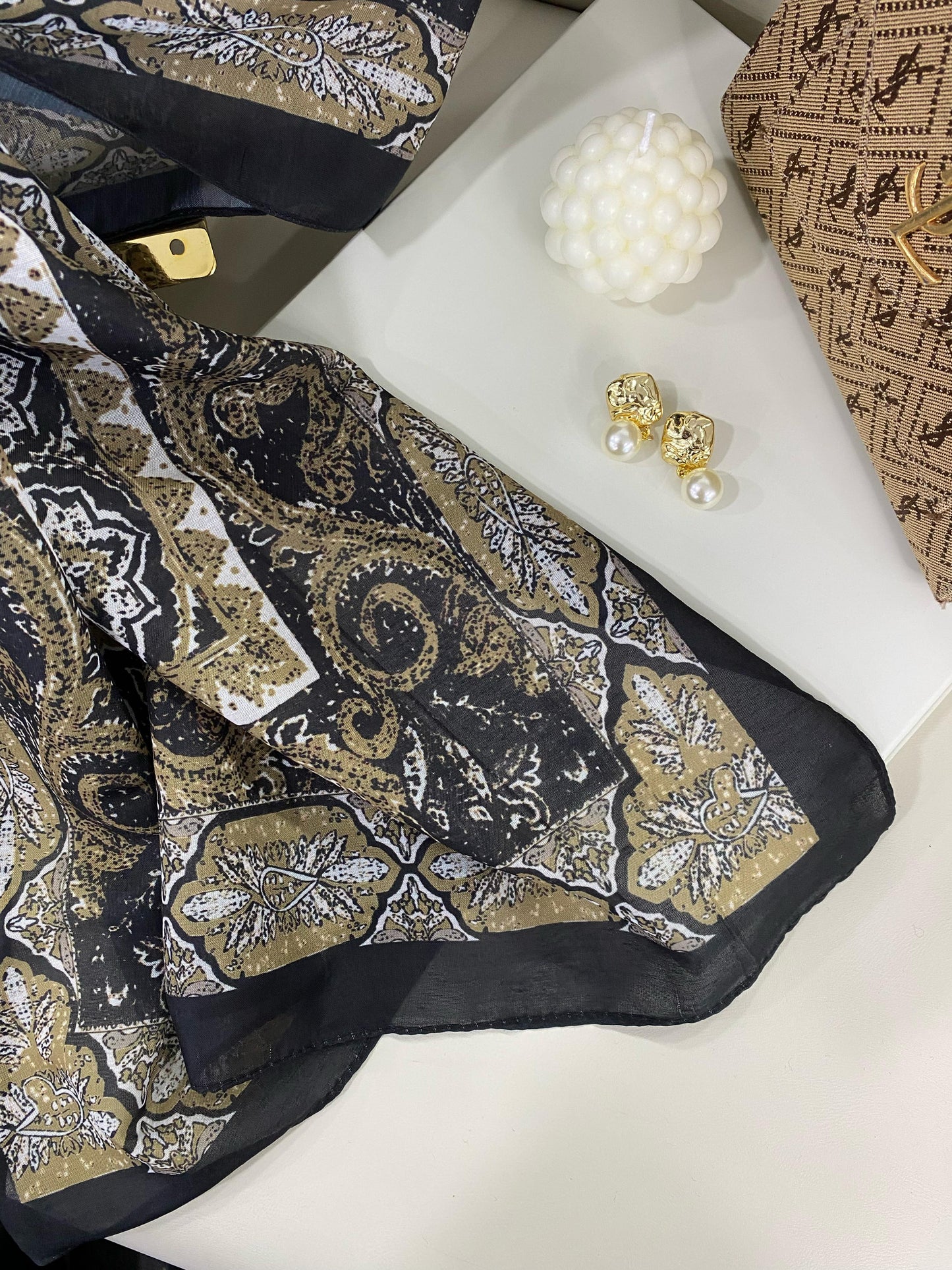 Etro Etnik Desen Pamuk İpek Şal - 23564 - SİYAH-KOYU VİZON