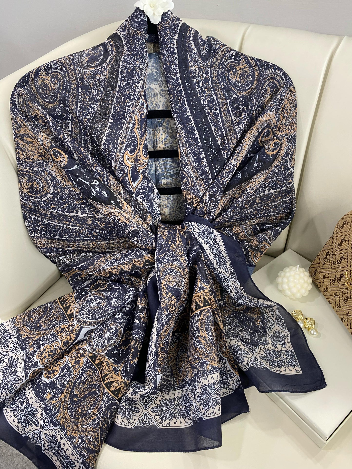 Etro Etnik Desen Pamuk İpek Şal - 23564 - LACİVERT