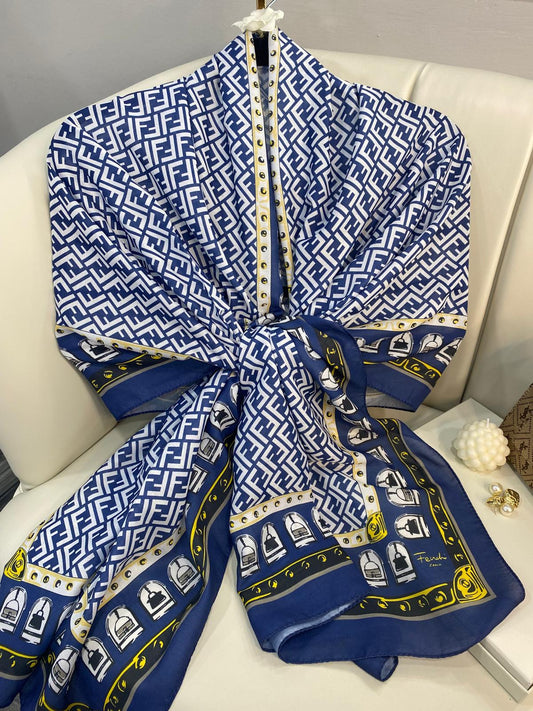 Fendi Monogram Pamuk Soft Şal 64302 - Lacivert-Beyaz