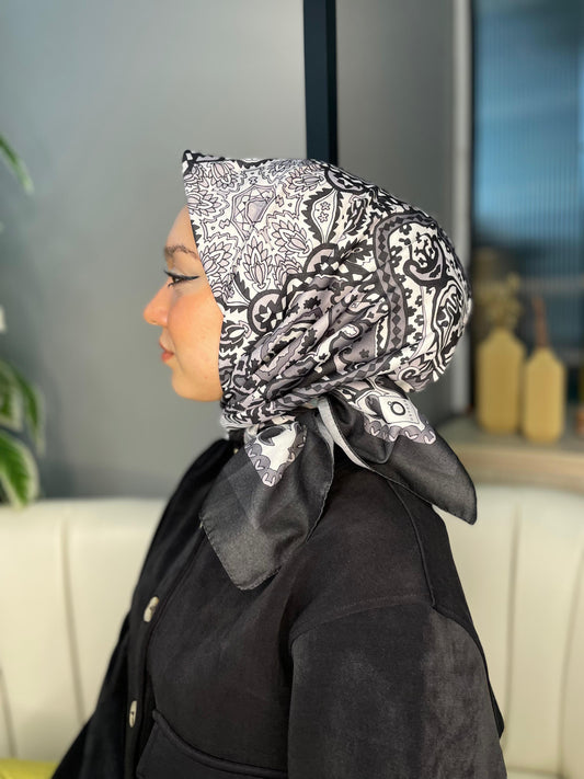 Geometrik Desen Pamuk Soft Eşarp 27091 - Kömür