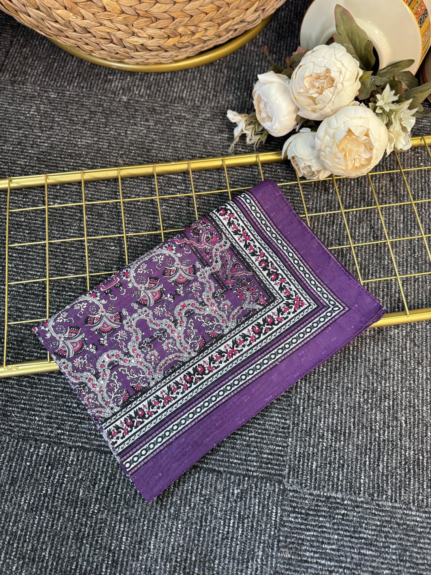 Vintage  Desen Naturel ipek Şal-010203-Mor