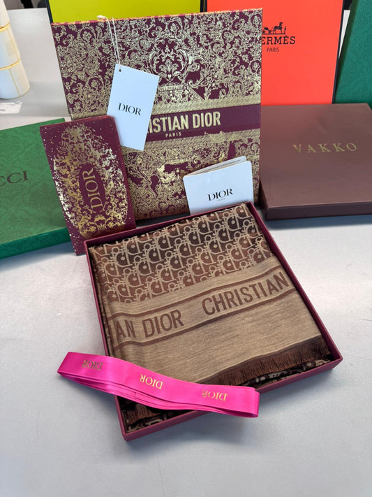 Dior Tam Set Kutulu İthal Kaşmir İpek Şal - Kahve
