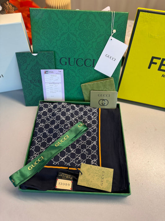 Gucci Tam Set Kutulu A Kalite Yün İpek Şal - Lacivert-Hardal
