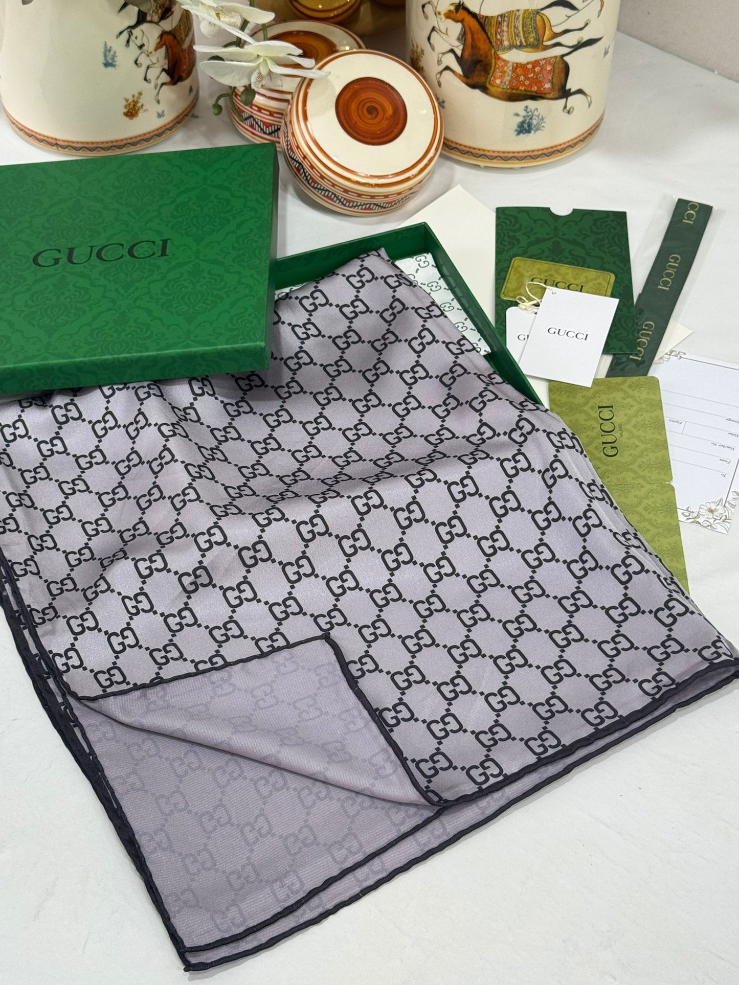 İthal Çifttaraflı Gucci İnci Vual İpek Şal-50140-Gri