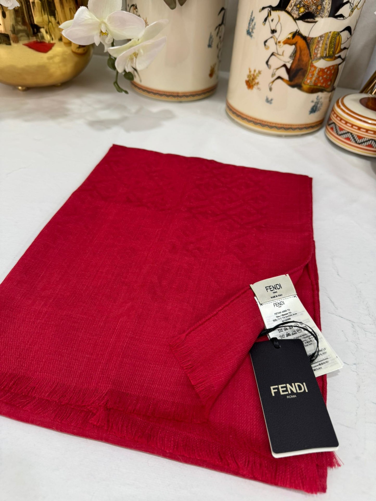 A Kalite Fendi Yün İpek Çift Taraflı Marka Şal 87452 - Kırmızı