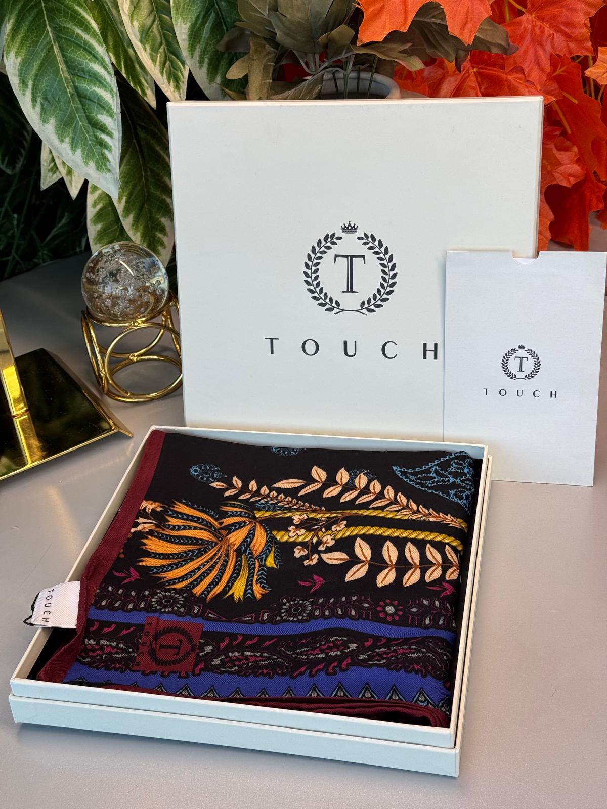 Touch İthal Etnik Desen Yün İpek Şal- Mürdüm-Siyah