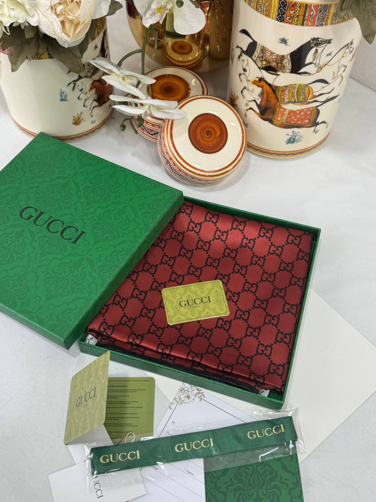 İthal Çifttaraflı Gucci İnci Vual İpek Şal-50140 - Kiremit