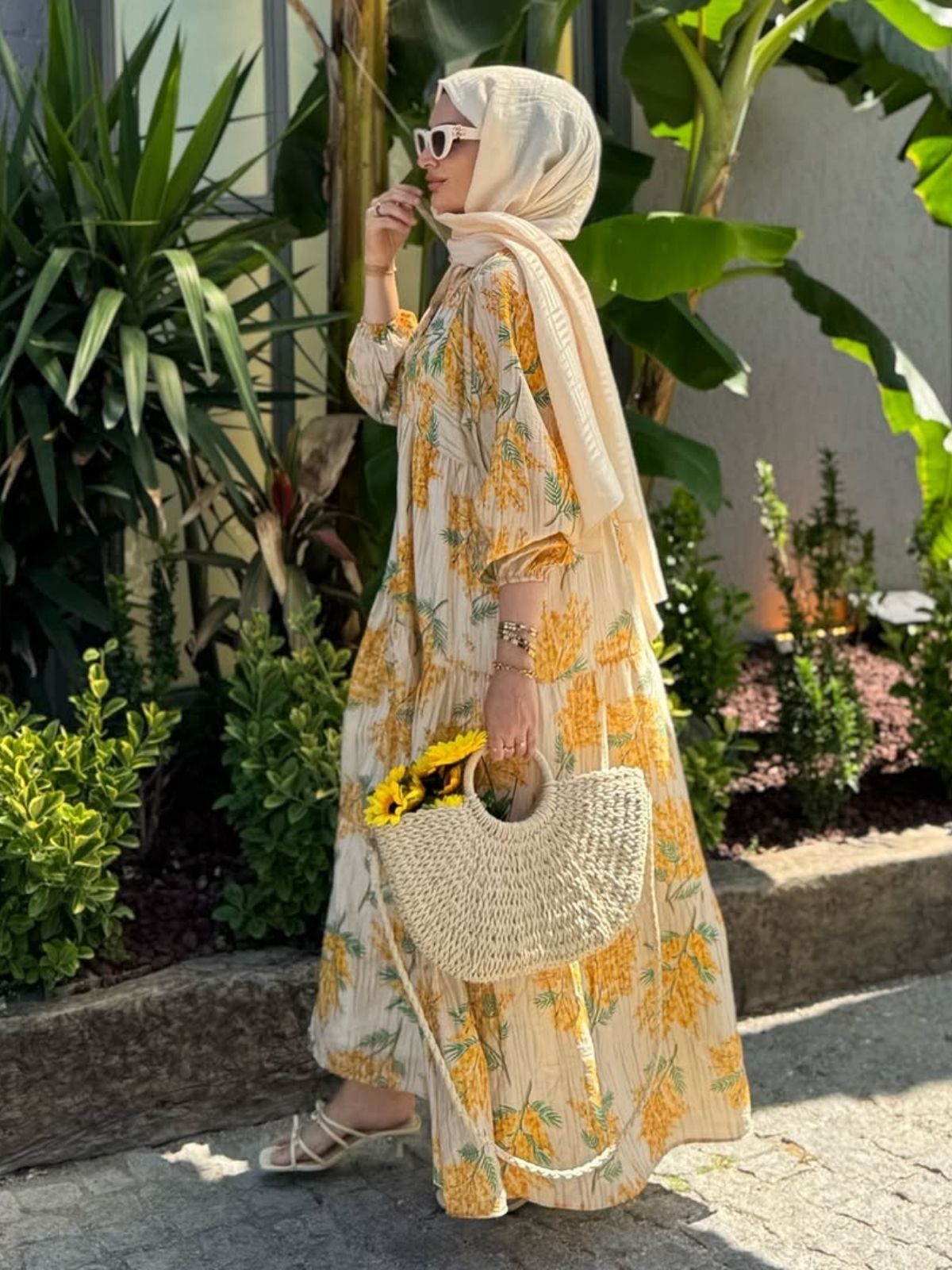 Mimoza Desenli Elbise -Sarı