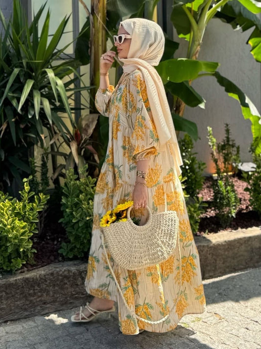 Mimoza Desenli Elbise -Sarı