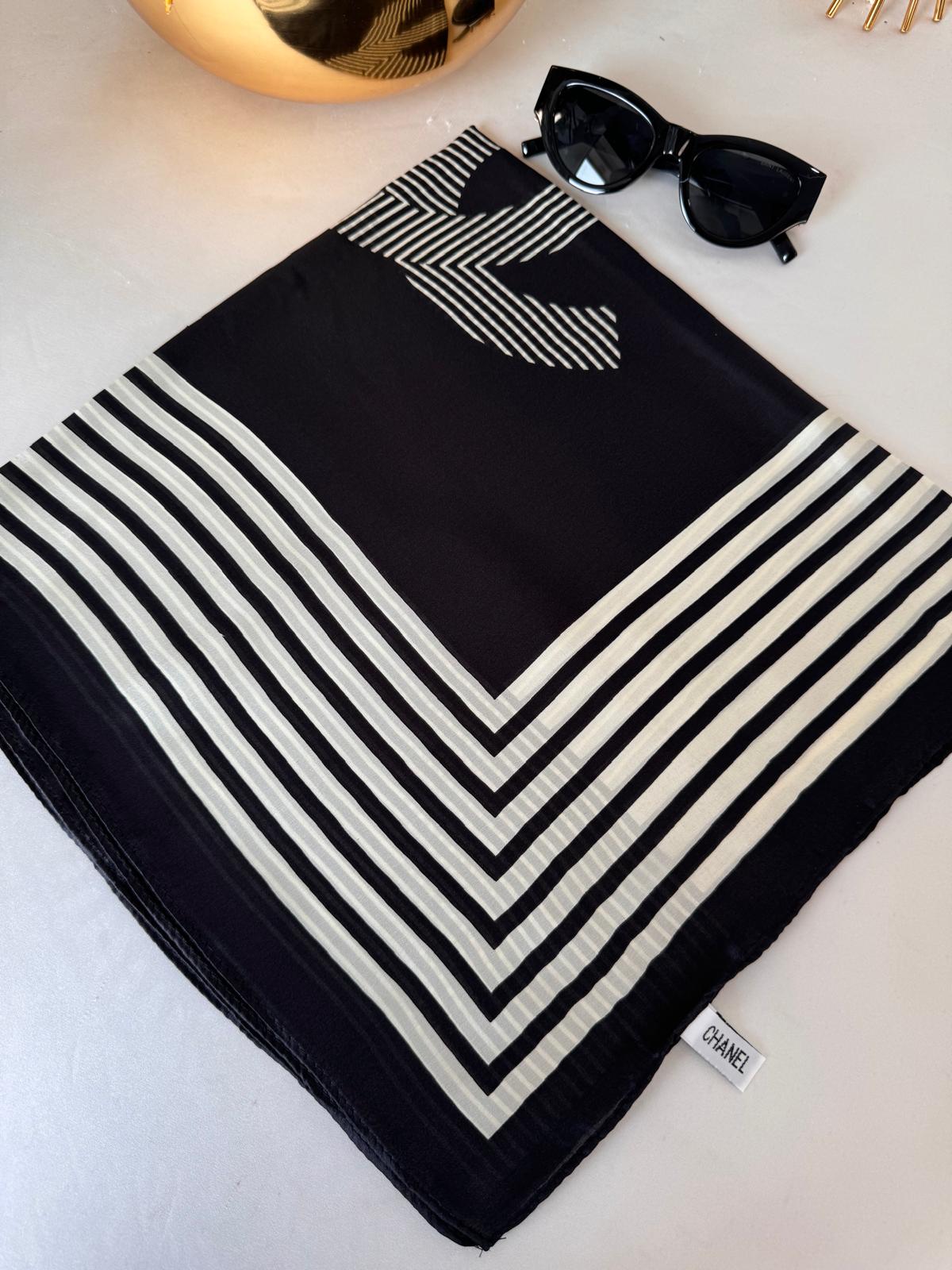 Chanel Çizgili İthal Vual İpek Şal 014461 - Siyah – Oxygen Scarfs