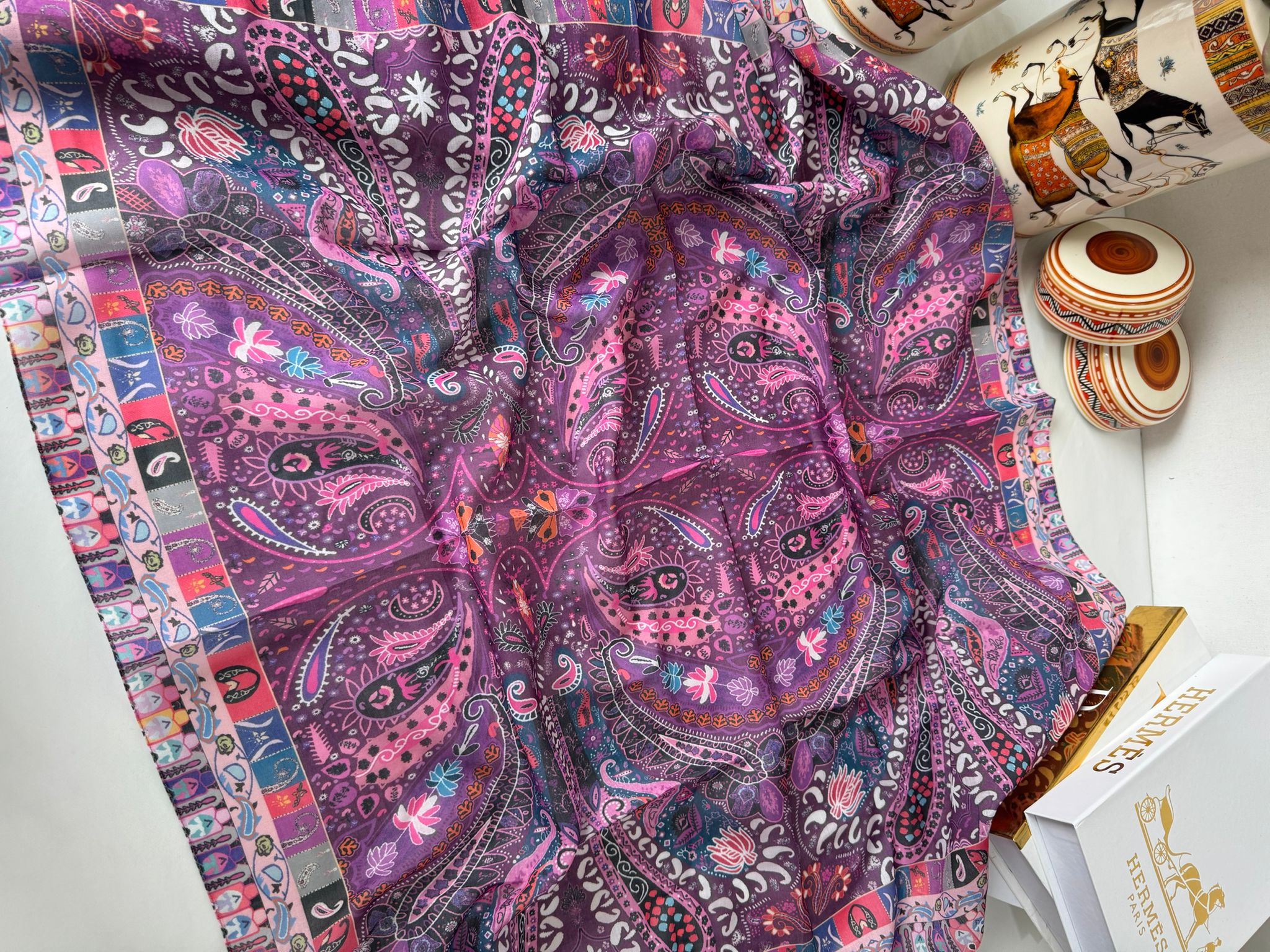 Etro Desen Pamuk Soft Eşarp Mor Pembe Oxygen Scarfs