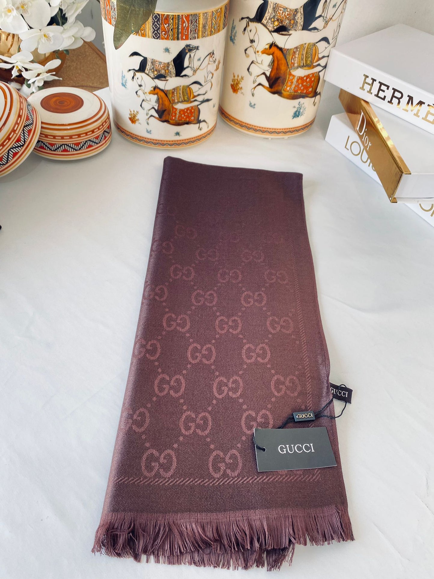 İthal Gucci Pamuk Yün İpek Şal 544330 - Acı Kahve